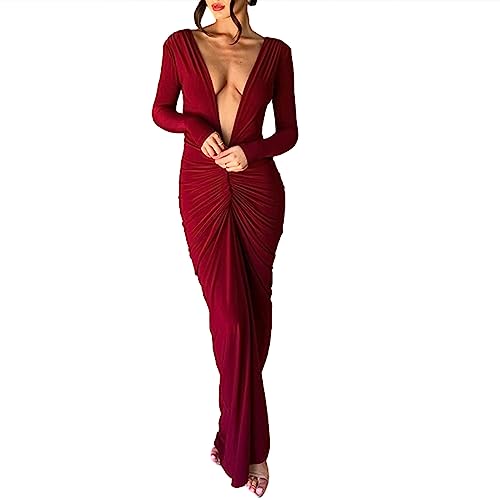 Vestido Elegante de Mujer Maxi Vestido Ajustado de Cuello en V Profundo Vestido Largo Sexy de Fiesta con Manga Larga para Mujer Dress Bodycon Slim Fit de Ceremonia Cóctel (Rojo, S)