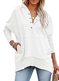 PRETTYGARDEN Women Long Sleeve Casual Button V Neck Hoodies Oversized Sweatshirt Hooded Tops with Big Pockets (Beige White,Large)
