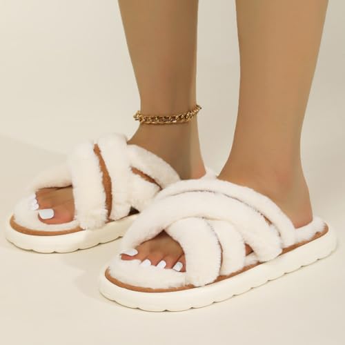 Harssidanzar Womens Fuzzy Cross Band Slippers Memory Foam House Slippers Open Toe HL207US4