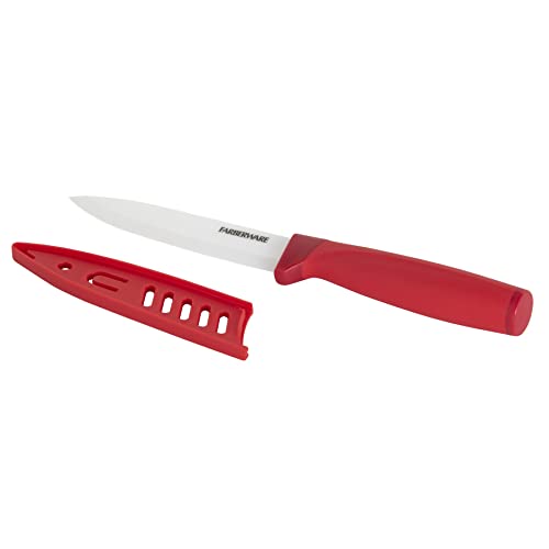 Farberware Ceramic 5-Inch Utility Knife With Custom-Fit Blade Cover, Razor-Sharp Kitchen Knife With Ergonomic, Soft-Grip Handle, Dishwasher-Safe, 5-Inch, Red #TOP1
