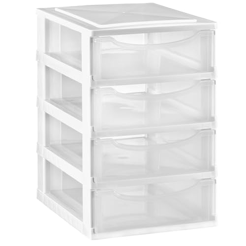 Hummelladen Schubladenbox DIN A4 mit 4 Schubladen 34,5x26x39 cm - Weiss-transparent Kunststoff Drawer Tower Box Organizer für Schreibtisch Easy-Pull-System