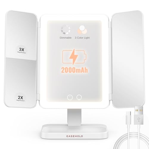 EASEHOLD Espejo de maquillaje iluminado, espejo de tocador recargable con aumento, 2X 3X, espejo de maquillaje triple con control táctil, luces LED regulables de 3 colores, espejo de maquillaje