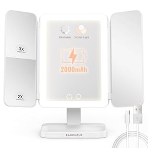 EASEHOLD Lighted Makeup Mirror, Rechargable Vanity Mirror with Magnification, 2X 3X, Trifold Makeup Mirror with Touch Control, 3 Color Dimmable LED Lights, Portable Make up Mirror