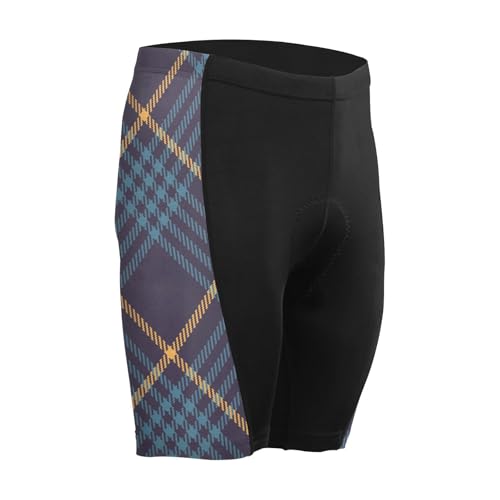 Compressed Shorts, Men's Polyester Running Shorts, Exercise and Sports Navy Blue Yellow Buffalo Plaid Tartan Check Scotland