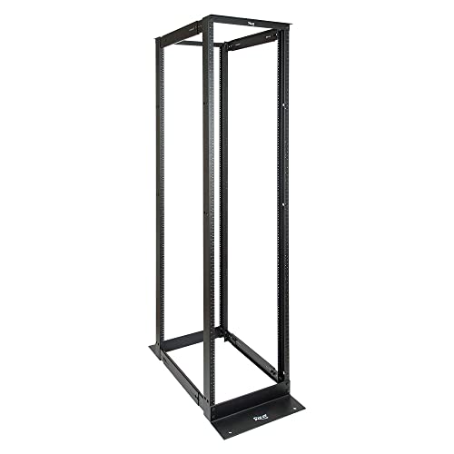 ICC 7-Foot 4-Post Distribution Rack, 45 RMS Open Frame Floor Rack, Adjustable 27 to 32 Inch Depth, 19 Inch Rack Mount, Black Aluminum Network Equipment Rack