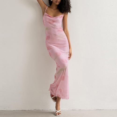 Image of Women's 2025 Summer Dresses Floral Bodycon Maxi Dress Spaghetti Strap Backless Cocktail Party Long Dresses