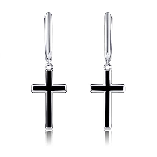 Pendientes de cruz para mujer en plata de ley 925 y piedra ónix