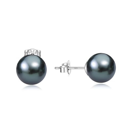 YAMI Akoya Black Pearl Earrings Round Saltwater Cultured Pearls with 925 Sterling Silver Stud Earrings Hypoallergenic Jewelry Gifts for Women and Men 8.0MM