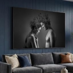 Silhouette d'amoureux peinture noir et blanc oiseaux 40x60