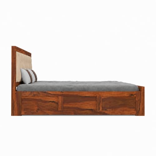 Image of SONA ART & CRAFTS Veronica Solid Sheesham Wood Bed Queen Size with Storage Box | Wooden Bed Queen Size Cot | Upholstered Beds | Double Bed with Storage Box - Natural Finish