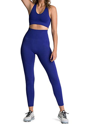 HAODIAN Women s Yoga Outfits 2 Piece High Waisted Leggings with Sports Bra Gym Clothes Sets(Deep Blue,M)
