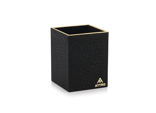 Image of Attro Pen Stand Wooden Designer Square Pen Holder Multipurpose Wooden Desk Organizer Perfect for Study Table, Office Desk- Black