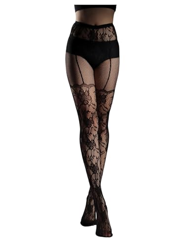 OYOANGLE Women's Patterned Fishnet Tights High Waisted Hollow Out Mesh Pantyhose Footed Stockings