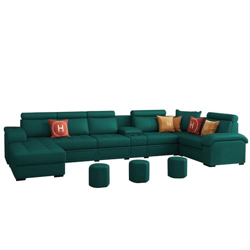 Image of Casaliving Emerson Modern U-Shaped Sectional Sofa Set 9 Seater, Sofa Couch with 3 Puffy for Hall (Pine Colour) Premium Leatherette Fabric Sofa