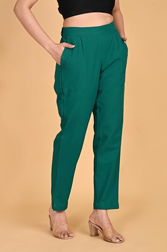 Image of Women's Solid Straight Fit 100% Cotton Trousers | High Waist, Side Pockets, Ankle Length Pants for Office, Casual