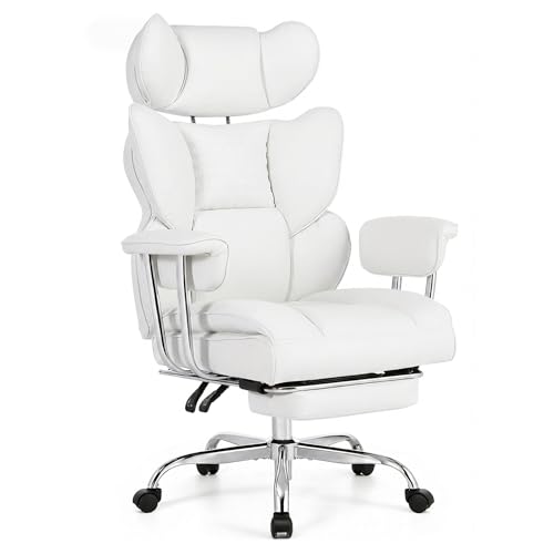 Image of Big and Tall Office Chair 400 LBS, Scratch-Resistant PU Leather Executive Ergonomic Desk Chair with Footrest, Lumbar Support, Wide Reclining Computer Seat for Home Office, Beige