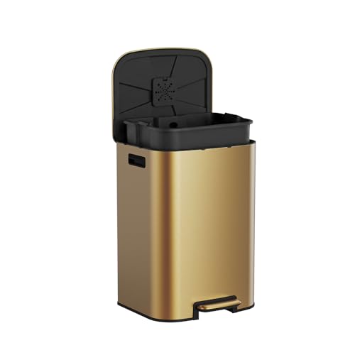 SYNCVIBE Kitchen Trash Can with Lid Soft Close,16 Gallon / 60L Stainless Steel Pedal Garbage Can, Heavy-Duty Fingerprint Proof Step Wastebasket with 20 Bags, Removable Bucket, Home Office, Gold