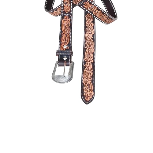 Circle Y Men' Floral Tooled 1.5" Wide Durable Vintage Finish Leather Casual Outdoor Western Cowboy Belt, Silver Etched Buckle3