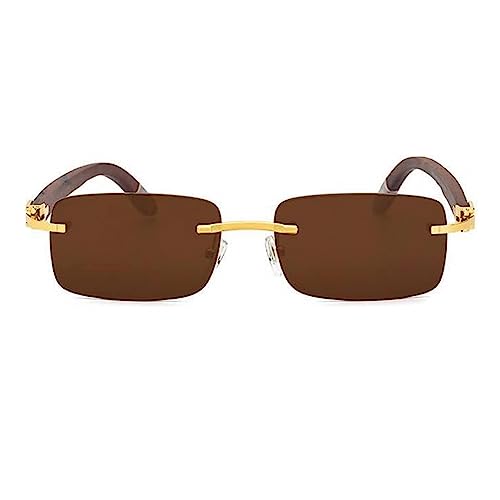 Street Knitted Retro Rimless Brown Tint Gold Frame Hip Hop Buffs Sunglasses Rectangle Men Women Frameless 90’s Shades Woodgrain Arm Fashion Frameless Square Unisex Summer Sun Glasses4