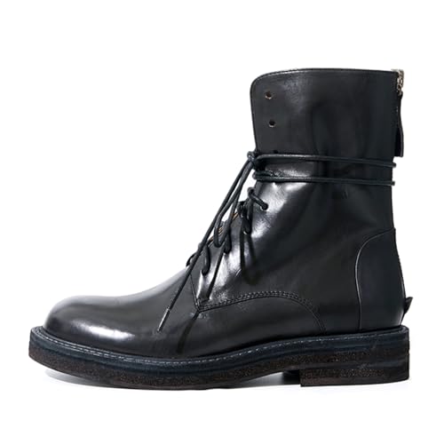 LEMUTISME Women's Trendy Polished Matte/Suede Thick Sole Round Toe Casual Lace Up Flat Chelsea Ankle Booties Shoes