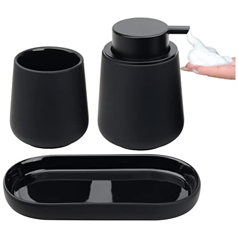 BosilunLife Black Bathroom Accessory Set - 3 pcs Ceramic Bathroom Soap Dispenser Set Farmhouse Bathroom Counter Decor Set Accessories Cover