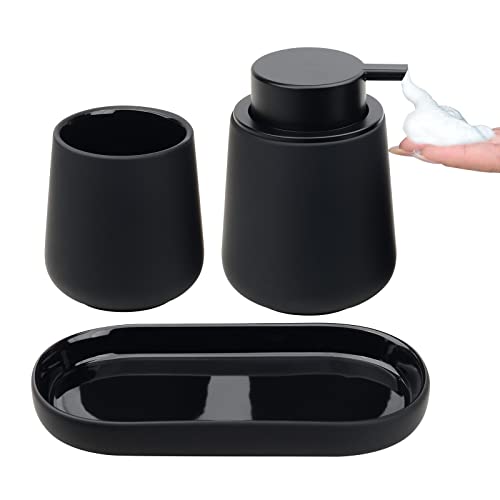 BosilunLife Ceramic Bathroom Accessories Set 3 Pcs, Foaming Soap Dispenser and Toothbrush Holder with Tray, Modern Farmhouse Vanity Decor, Black Housewarming Gift by BosilunLife - Used condition - US$31.34