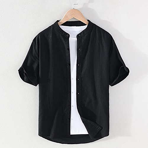 Chemises pour hommes d'été respirante col montant noir mode vintage H3TF5J