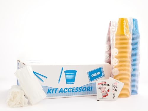 4 Kit Accessori Caffe da 150 Plastica - 600 Bustine Zucchero Bianco - 600 palettine incartate e 600 bicchierini di Plastica a cono da 75 ml - 4 kit di servizio caffè da 150 -
