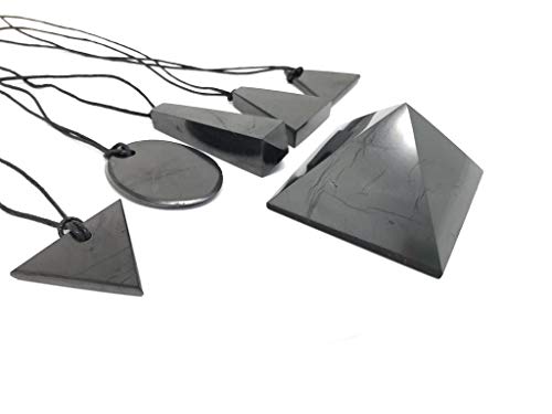 Karelian Heritage Authentic Shungite Stone Pendant and Black Crystal Pyramid Protection Set (6 items) S004