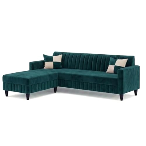 Image of FURNY Gracina 5 Seater L Shape Sofa Set with Movable Ottoman | Flexible Left or Right Layout | Plush Velvet Fabric (Greenish Teal) | Perfect for Living Room, Guest Room & Office