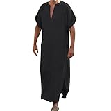 Men 's ethnischen Bademäntel solide V-Ausschnitt Kurzarm dünner Vintage-Kaftan-Ball Loser langem Hemd Herrenhemd Schwarz Langarm