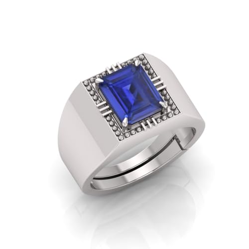 RRVGEM Anillo de zafiro azul de 5 quilates con zafiro azul Neelam chapado en plata, anillo ajustable, tamaño 16-22 para hombres y mujeres, Metal, Zafiro