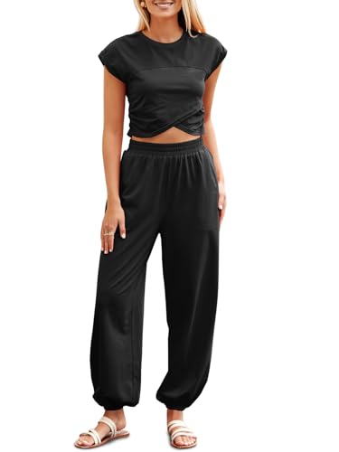 Fisoew Women's Two Piece Outfits Casual Lounge Sets Crop Tops and Joggers Tracksuit with Pockets