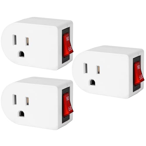 VSEER Grounded Outlet with ON Off Switch, Wall Tap Adapter Single Outlet Power Switch 15A 1875W/3 Prong Plug Switch in White, ETL Listed (3 Pack)