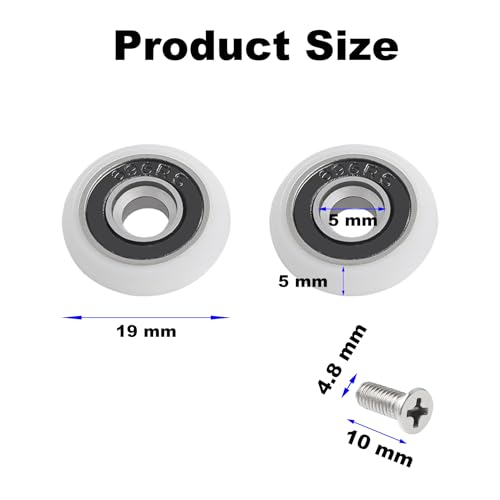 8 Stück Duschtürrollen mit M5-Schraube – Weiß gebogene Türschiene mit exzentrischen Radteilen – Ersatz-Duschräder und Rollen für Glasschiebetüren – 19 mm