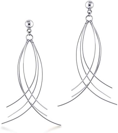 555Jewelry Womens Stainless Steel Curved Dangle Threader Drop Shiny Hanging Stud Metal Shiny Post Stud Push Back Statement Party Trendy Fashion Jewelry Accessory Earrings, Silver