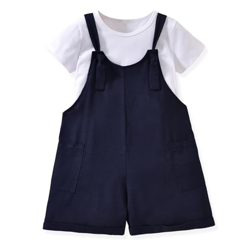 Image of HINTINA Toddler Girl Overall Shorts Set Adjustable Loose Jumpsuit Short Sleeve T-shirt Vacation Summer Outfits with Pockets