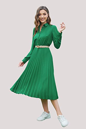 Image of Business Casual Shirt Dress for Women Long Sleeves Pleated Midi Dresses with Belt