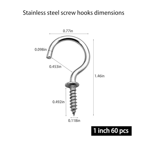 IDEALSV 60 Pcs (304) Stainless Steel Screw Ceiling Hooks 1 Inch Cup Hook Screw-in Light Hooks by IDEALSV - Image 2