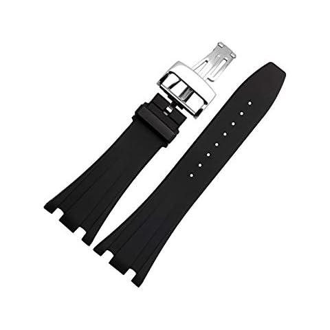 Finjin R 28mm Silicone Black Watch Band with Butterfly Buckle Suitable for Audemars Piguet Men's Watches (28 mm, Silver-Buckle) Cover
