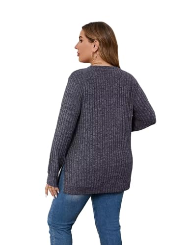 Image of MONNURO Women's Oversized Sweater V Neck Tunic Sweater with Split Hem Long Sleeve Ribbed Pullover Sweater(Heather Black,2X)