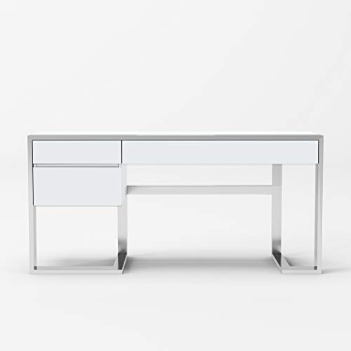 Limari Home Salvator Collection Modern Style Home Office Desk With 3 Soft Closing Drawers & Stainless Steel Chrome Base, White High Gloss #TOP2