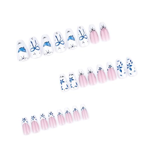 24 uñas postizas cortas con punta francesa, uñas postizas de almendra, con lazos de cobertura completa, uñas adhesivas con flores azules, uñas acrílicas