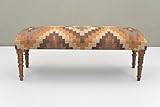 NATURAL FURNISH Acacia Wood Kilim Jute Fabric Upholstered Bench with Geometric Print | Southwestern Pattern Wooden Ottoman with Turned KD Legs for Living Room, Bedroom, End of Bed, Hallway & Entryway