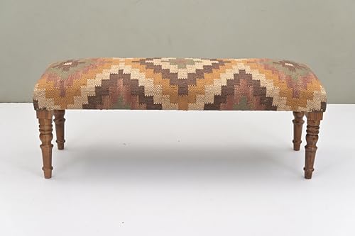 NATURAL FURNISH Acacia Wood Kilim Jute Fabric Upholstered Bench with Geometric Print | Southwestern Pattern Wooden Ottoman with Turned KD Legs for Living Room, Bedroom, End of Bed, Hallway & Entryway