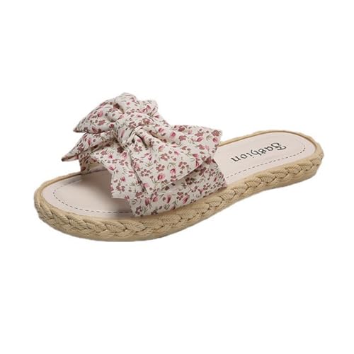 Women's Open Toe Slide Slippers with Cute Bow, Slip-on House Shoes, Summer Linen Slippers with Rubber Sole