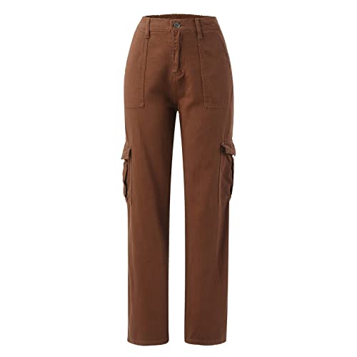 Qvkarw Calça cargo larga feminina calça jeans solta calça jeans larga cor sólida calça jeans legging