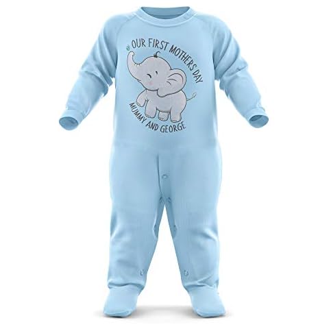 FunkyShirt Personalised Our First Mothers Day Baby Romper Suit Boys - Any Text Custom Mothers Day 2020 Babygrow - Boys First Mothers Day Outfit, Light Blue, 3-6 Months Cover