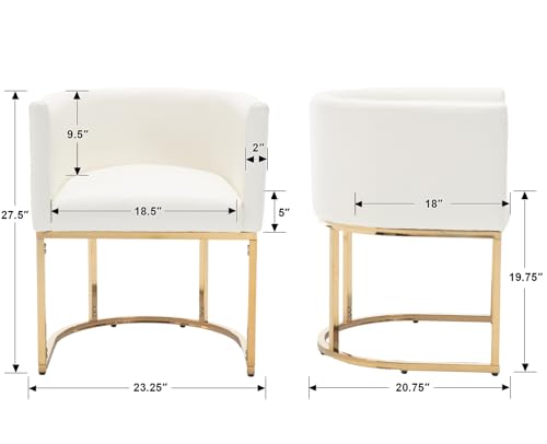 Image of HNY Mid Century Modern Upholstered Barrel Dining Chair with Arms, Leather Kitchen & Dining Room Chair, 18.5 inch Wide Accent Chair for Dining Room Living Room with Gold Metal Frame, White