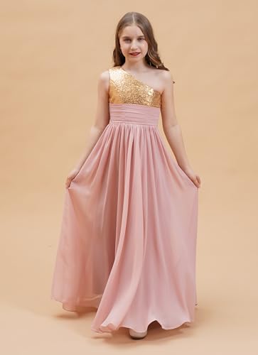 One Shoulder Junior Sequined Bridesmaid Dresses Long Flower Girl Dress for Wedding Party Gowns Chiffon BE0254